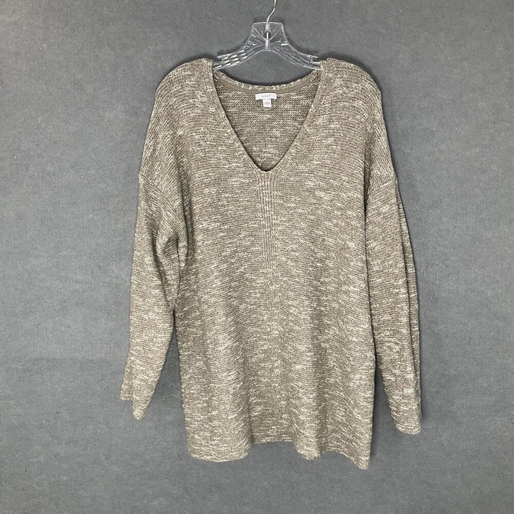 Pure Jill Sweater Womens Sz L Beige Cotton Blend Knit V-Neck Pullover